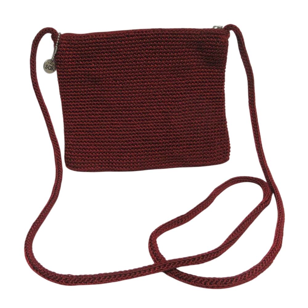 THE SAK Burgundy Red Crochet Crossbody Bag Woven Purse 7" X 6" EUC